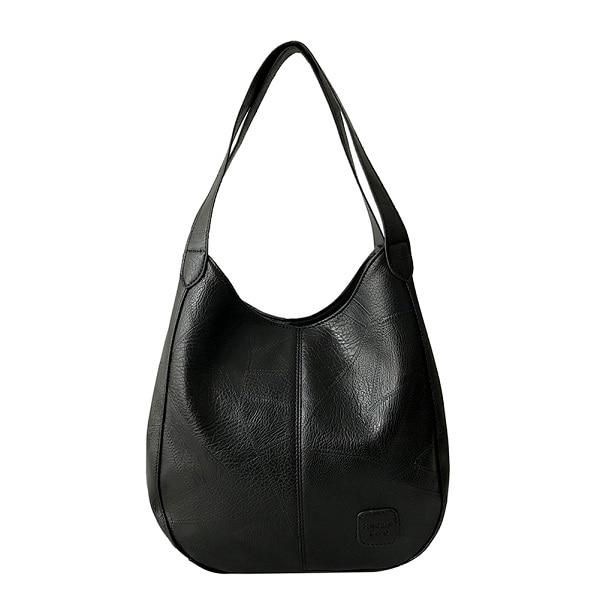 Black triple compartment leather shoulder bag