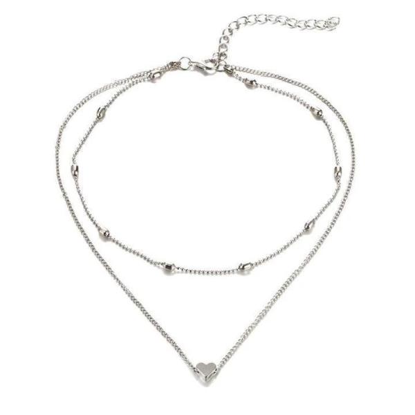 Silver hearth double choker necklace