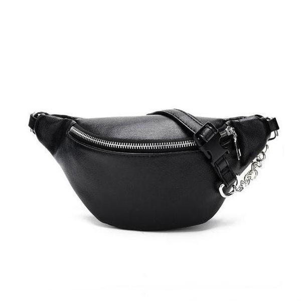 Cute black leather belt bag with chain strap