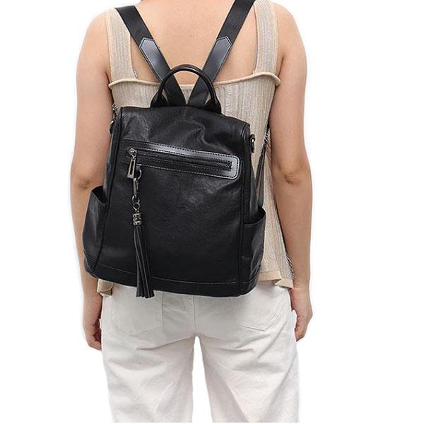 Black leather backpack with shoulder strap for womens