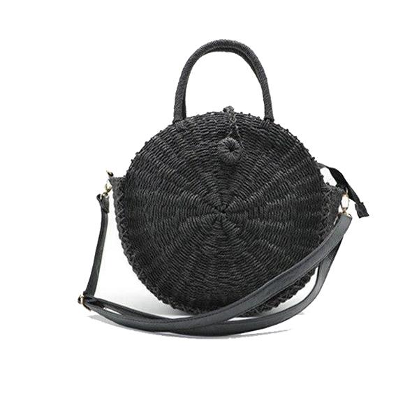 Black straw circle bag with leather crossbody strap
