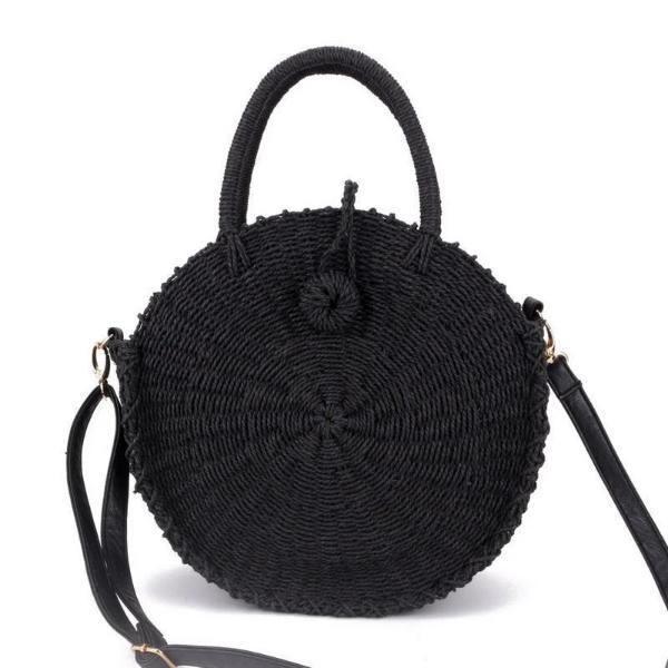Black straw round bag