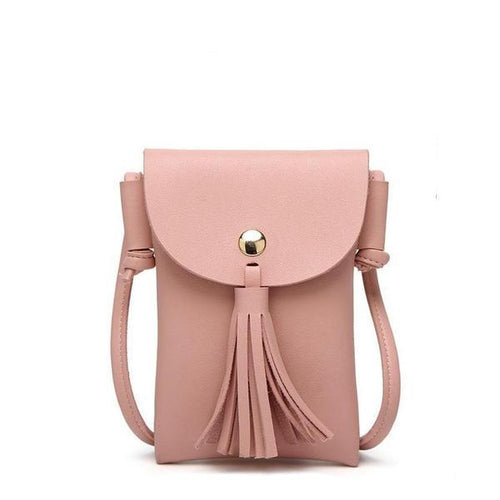 Pink leather crossbody phone bag with tassel