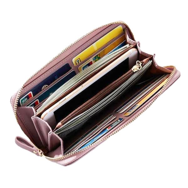 Pink leather wallet with 2 bill compartment