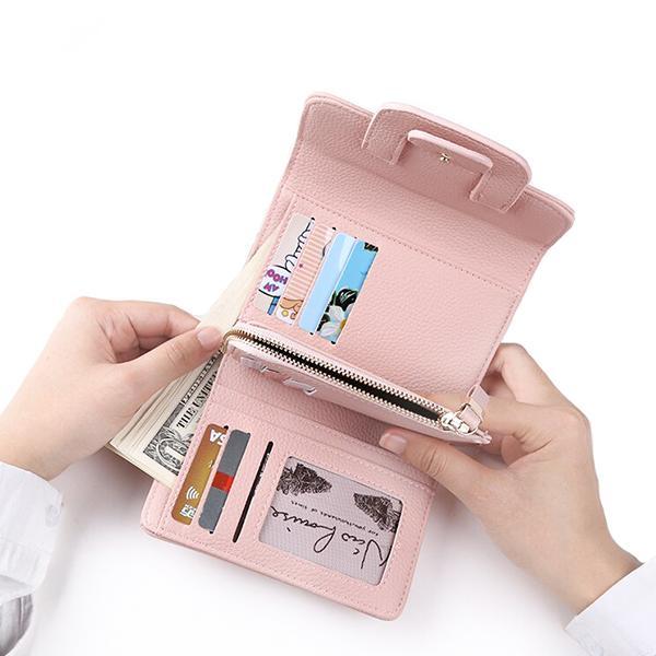 Pink leather women trifold wallet