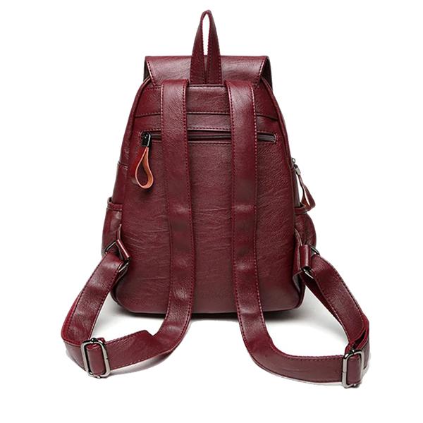 Red wine leather backpack with back zipper pocket