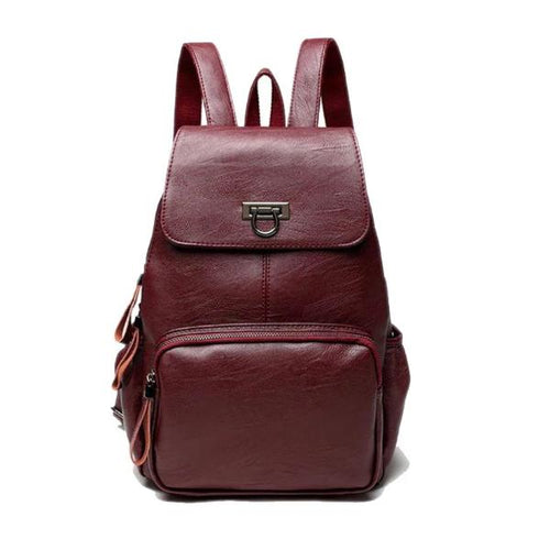 Red womens leather backpack with front zipper pocket