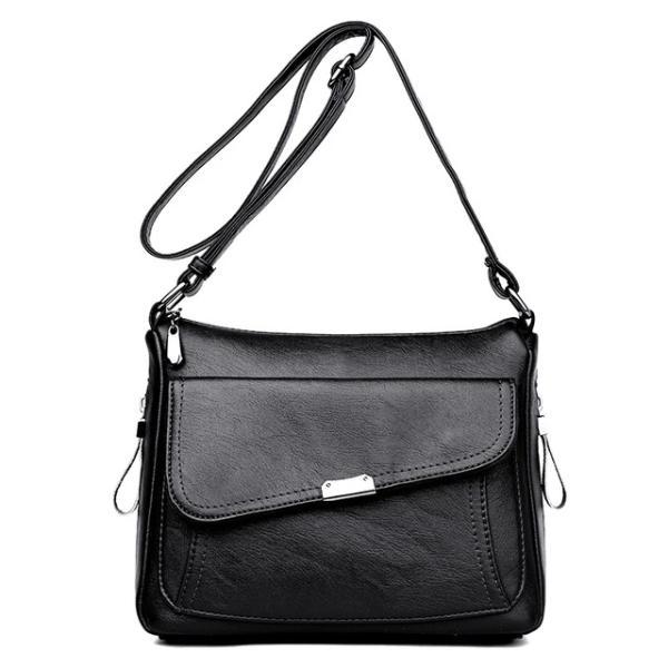 Black leather crossbody bag with large front pocket