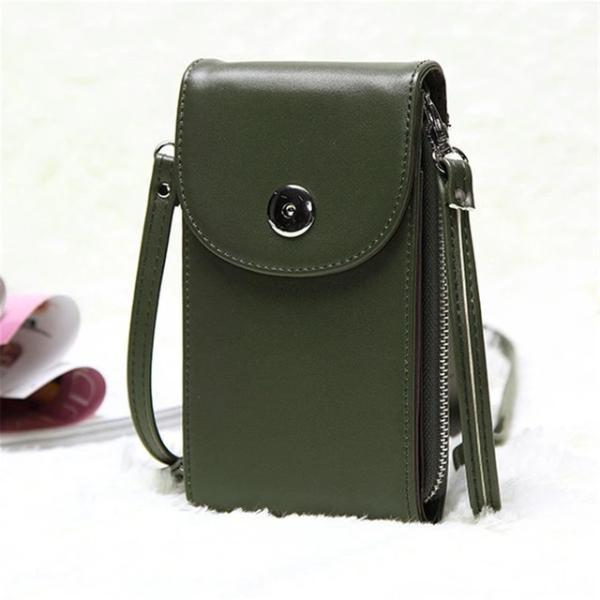 Green crossbody leather phone bag with triple pocket