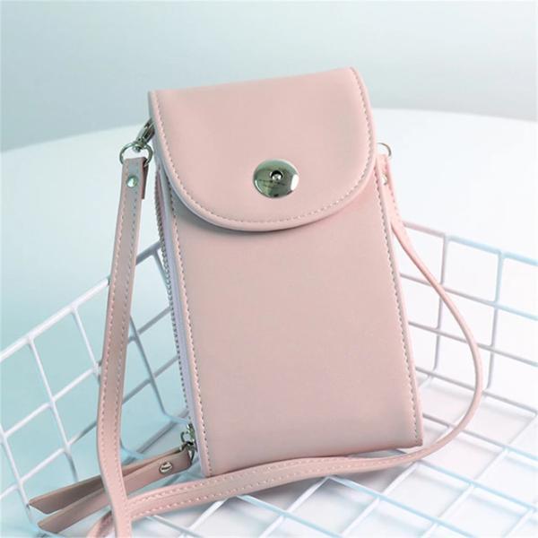 Pink crossbody leather phone bag with triple pocket