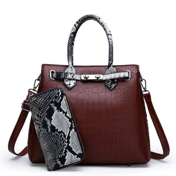 Red wine snakeskin and crocodile bag and wallet set