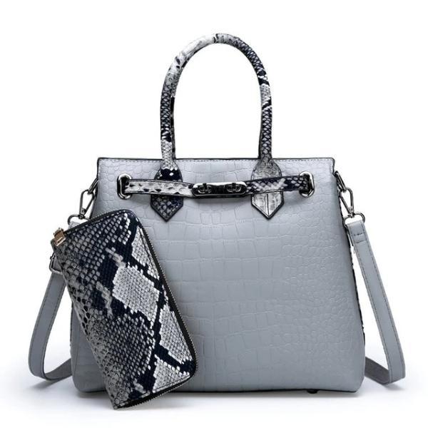 Gray snakeskin and crocodile bag and wallet set
