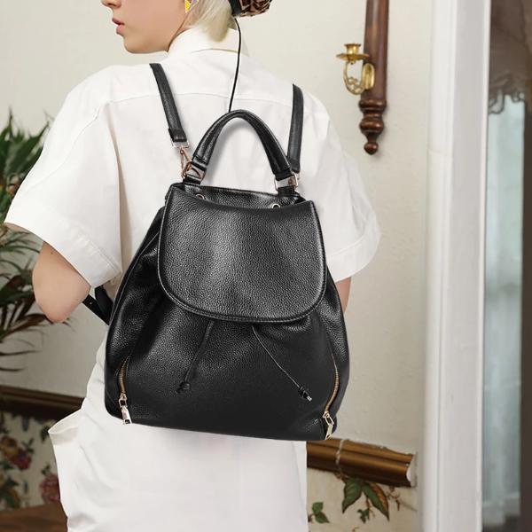 Fashion black genuine leather backpack with top handles