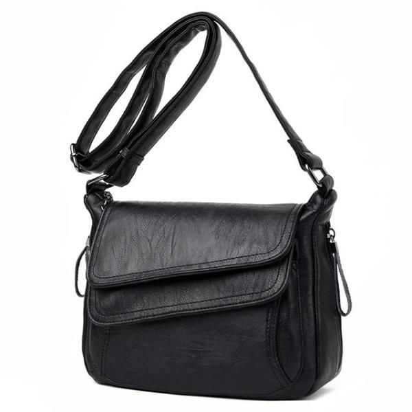 Black leather crossbody bag with lots of pockets