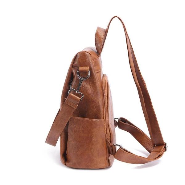 Leather backpack with side bottle holder compartment