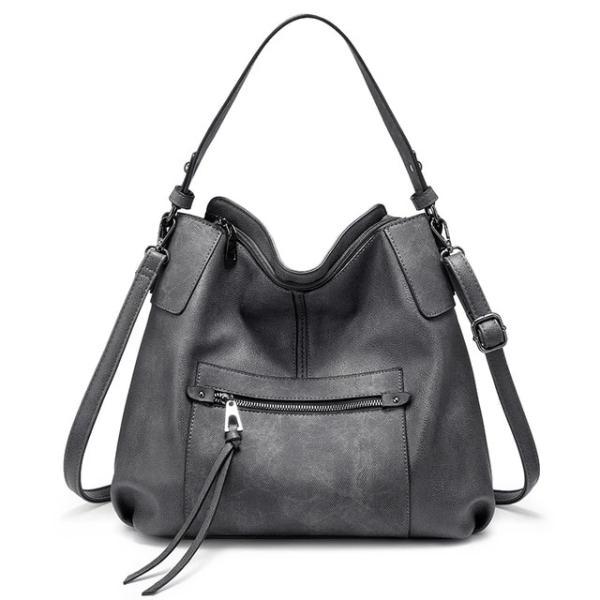 Gray Large leather crossbody tote with double strap
