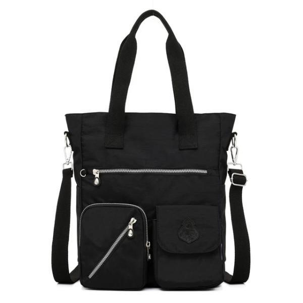 Black nylon tote bag with zipper closure for women