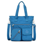 Blue nylon tote bag with zipper closure for women