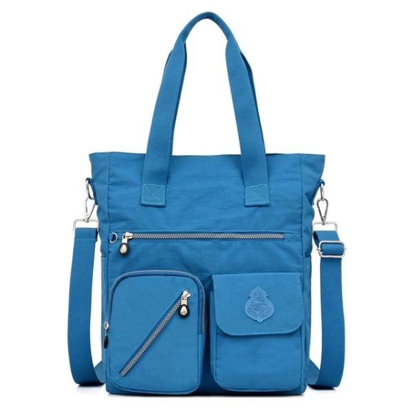 Blue nylon tote bag with zipper closure for women