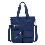Navy blue nylon tote bag with zipper closure for women