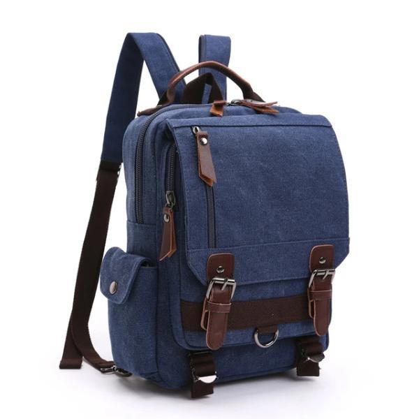Blue canvas backpack sling bag