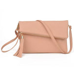 Pink leather clutch with crossbody strap