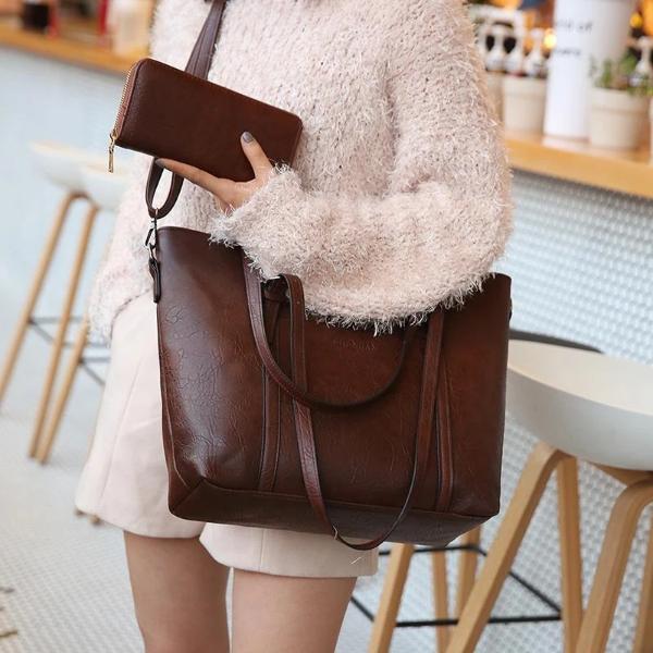 Dark brown crossbody leather tote bag with wallet set