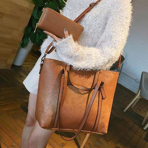 Brown crossbody leather tote bag with wallet set