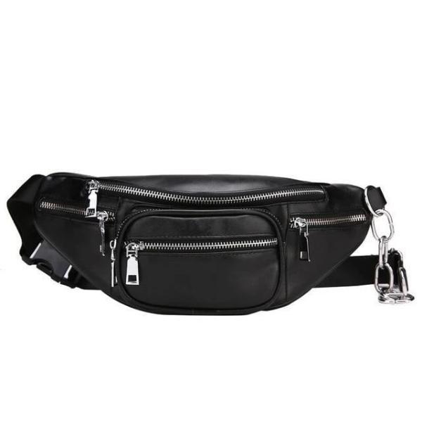 Black leather fanny pack with chain belt