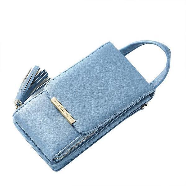 Blue cell phone bag with crossbody chain strap