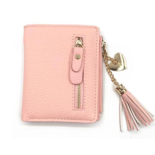Pink leather wallets for women with tassel