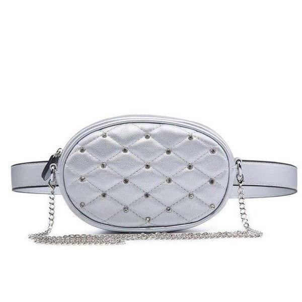 Silver leather fanny packs with crossbody chain strap