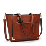 Brown leather tote with shoulder strap