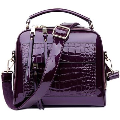 Purple shiny leather crossbody bags with two zipper compartments
