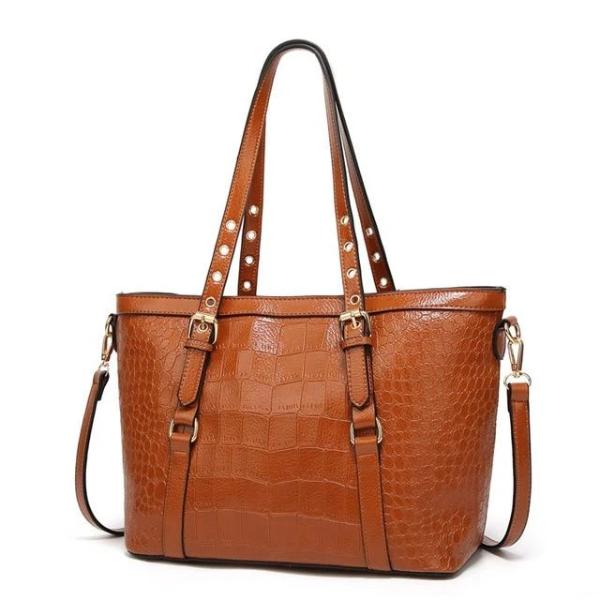 Brown tote bag with faux crocodile leather