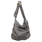 Gray vegan crossbody bag with woven leather strap