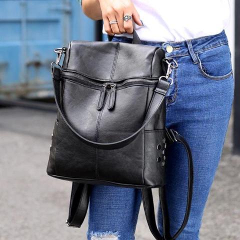 Black vegan leather backpack purse with shoulder strap